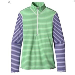 Patagonia Womens Capilene 3 Midweight Zip-Neck Striped Green Blue Top  M